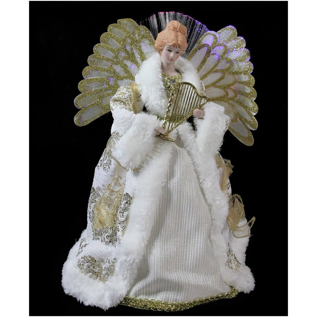 12x22 Lighted Fiber Optic Angel in Gold and Cream Gown with Harp Christmas Tree Topper G5462