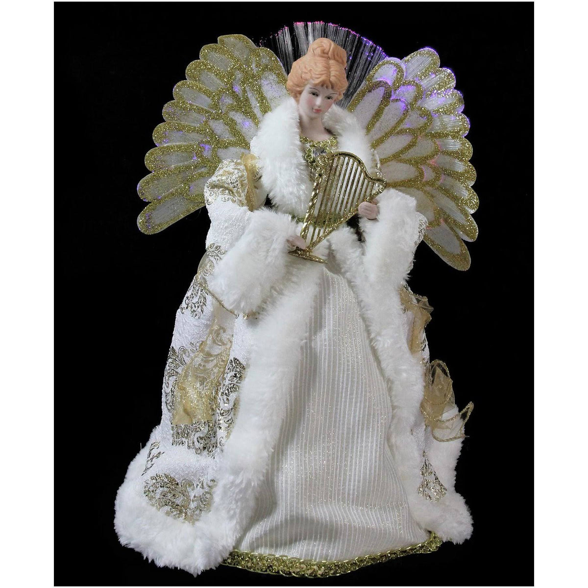 12x22 Lighted Fiber Optic Angel in Gold and Cream Gown with Harp Christmas Tree Topper G5462