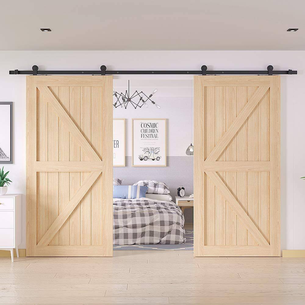Frosted Black Top Mount Sliding Barn Door Hardware Track Kit for Double Doors with Non-Routed Floor Guide X6918