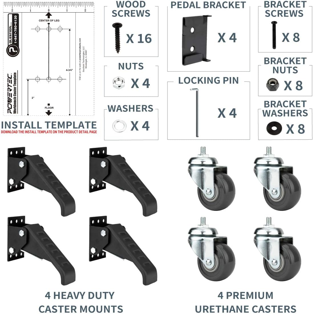 Black Workbench Casters with Quick-Release Plates, Pack of 2 U491