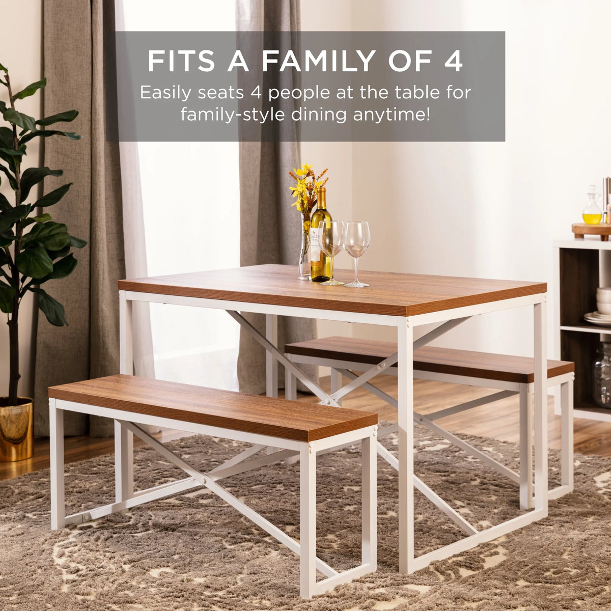 Brown/White 3-Piece Dining Furniture Set with 2 Benches A2934