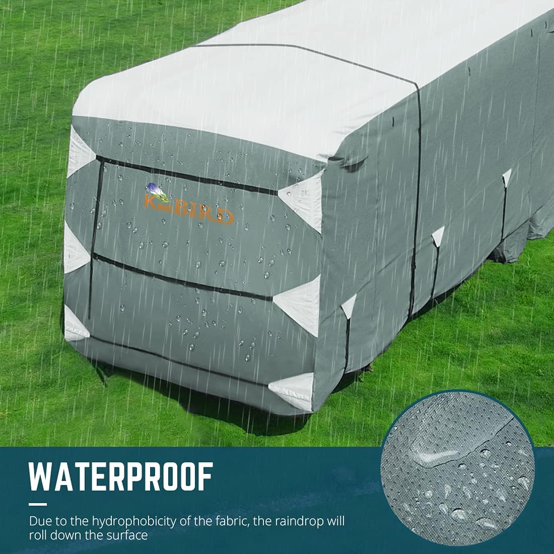 Extra-Thick 5 Layers Waterproof RV Cover with 2Pcs Straps & 4 Tire Covers P988
