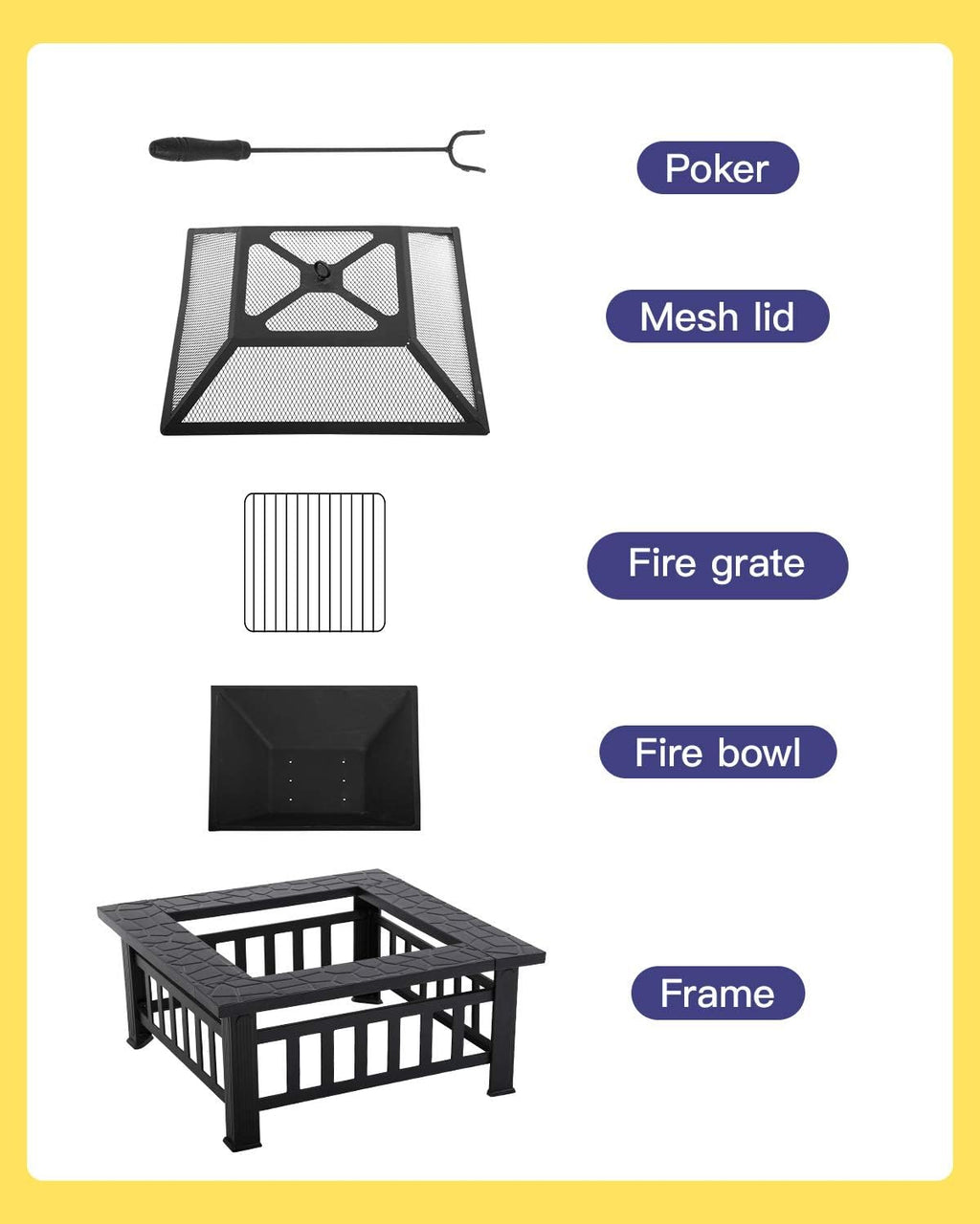 32 inch Square Metal Fire Pit with Poker Mesh Cover and Charcoal Rack H552239