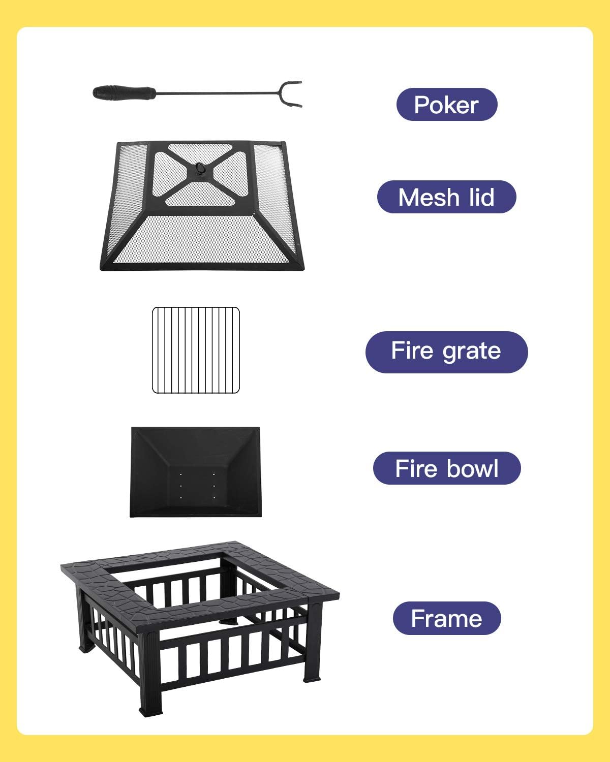 32 inch Square Metal Fire Pit with Poker Mesh Cover and Charcoal Rack H552239