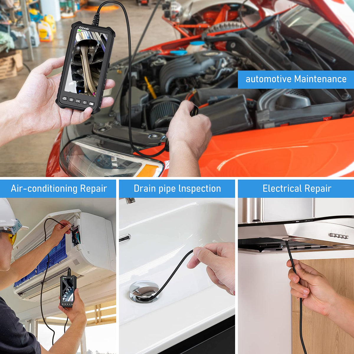 Dual Lens Endoscope Camera 1080P 5.18 IPS Screen 5mm IP67 Waterproof Snake Camera with 7 LED Lights 32GB Card 16.5FT S62775