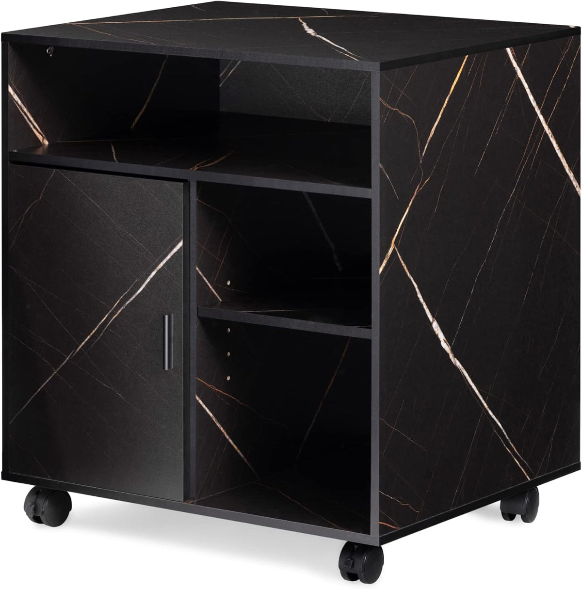 Black Wood Printer Stand with Storage Shelves and Door D756